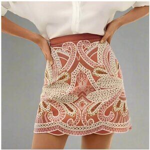 Anthropologie Boho Beaded Mini Skirt 4 Pink Cotton Embroidered Scallop Hem